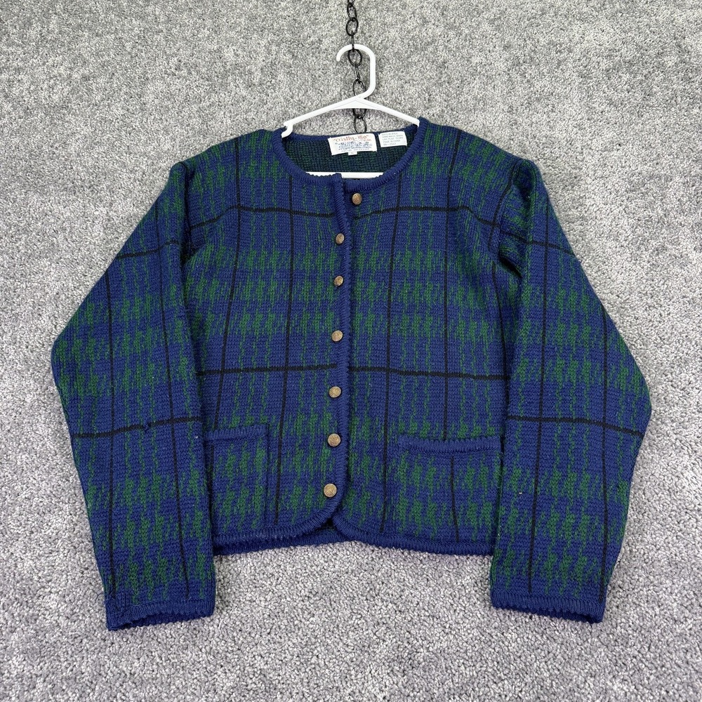 Vtg Tally Ho Sweater Cardigan Womens Large Blue Plaid Knit Button Front Pockets